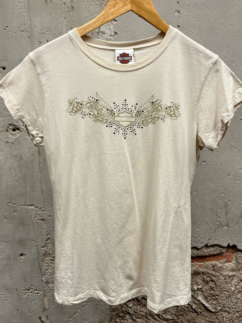 Vintage Y2K Harley Davidson Tan Beige Studded Rhinestone Baby Tee Large USA Made